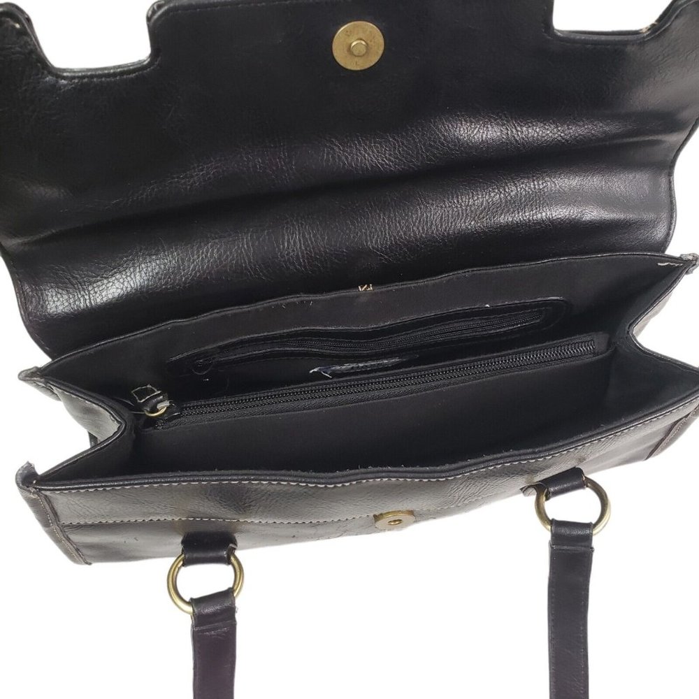 Bass Handbag Purse Black Leather Compartments Magnetic Closure Double Handles - Picture 3 of 7